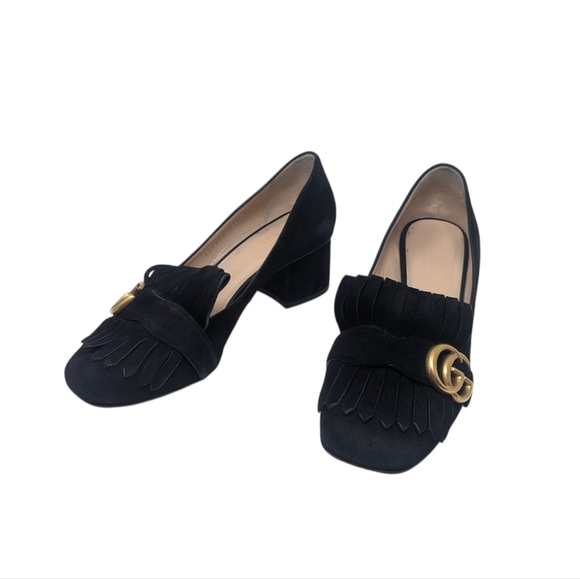 Gucci Marmont Black Suede Fringe GG Block Heel Loafers Size EU 37.5 - Picture 5 of 13